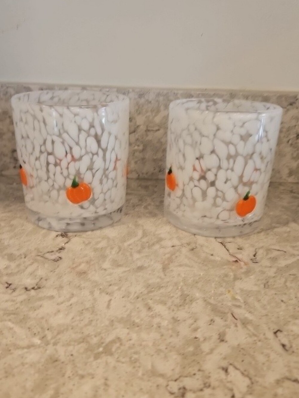 Anthropologie “Dupe” Confetti Icon Glass Tumblers Orange Pumpkins Inlay Set Of 2